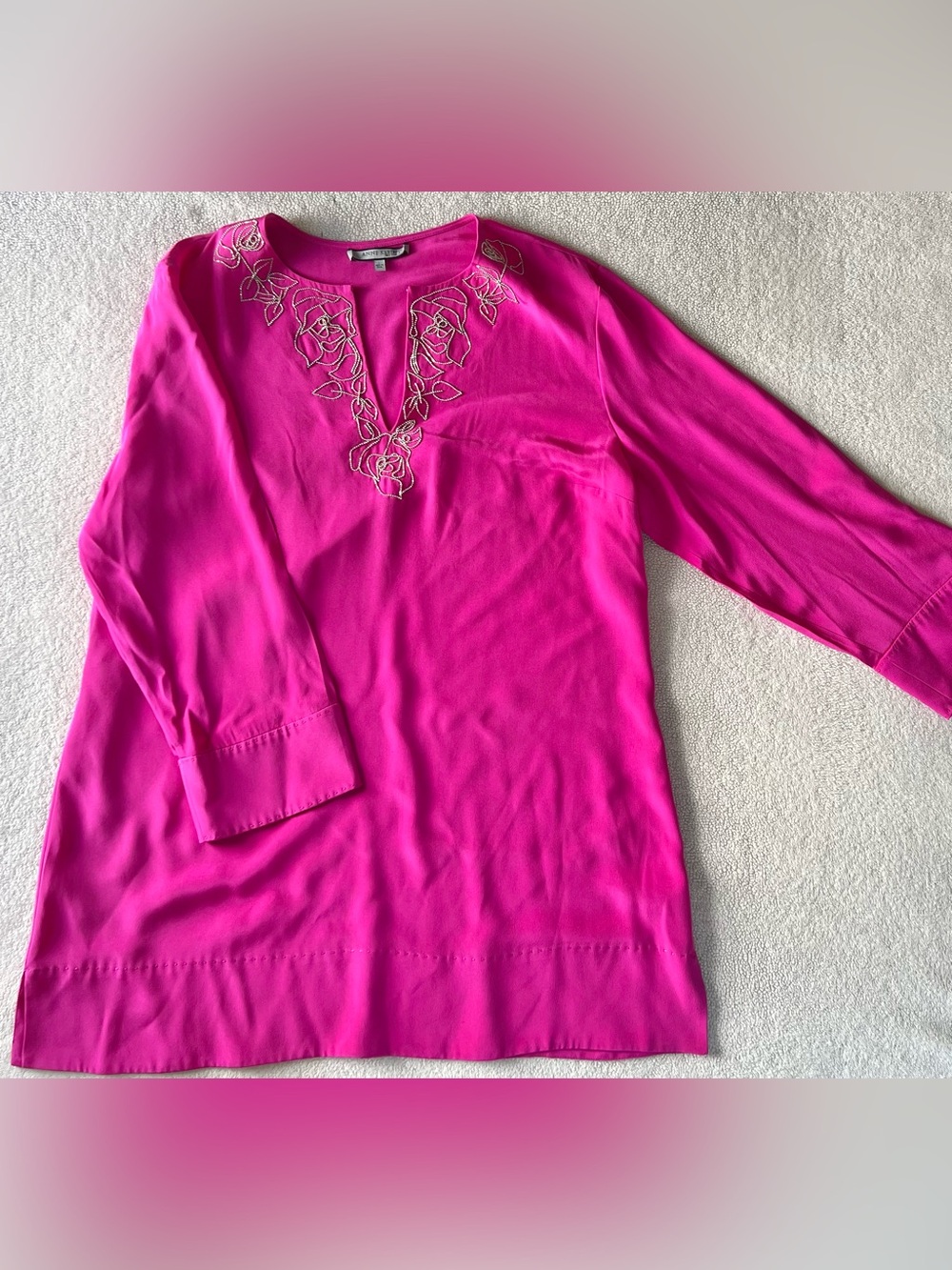 Anne Klein Pink Silk Blouse Size L 3/4 Sleeve Floral Embroider Career Dressy